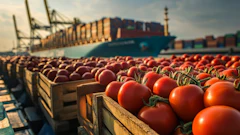 Fresh red tomatoes in wooden crates at a port with a cargo ship loaded with containers in the background