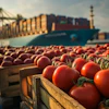 Fresh red tomatoes in wooden crates at a port with a cargo ship loaded with containers in the background