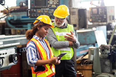 Two industrial workers in safety gear review information on tablet in manufacturing facility
