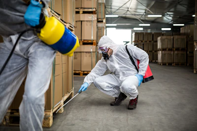 Worker in white protective suit and blue gloves spraying treatment on warehouse shelving with safety equipment visible