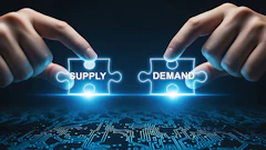 Two hands connecting glowing neon puzzle pieces labeled Supply and Demand over digital circuit board background