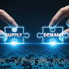 Two hands connecting glowing neon puzzle pieces labeled Supply and Demand over digital circuit board background
