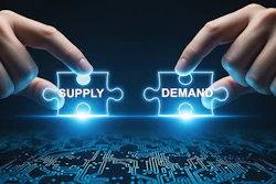 Two hands connecting glowing neon puzzle pieces labeled Supply and Demand over digital circuit board background