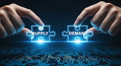 Two hands connecting glowing neon puzzle pieces labeled Supply and Demand over digital circuit board background