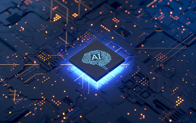 Glowing AI chip on illuminated circuit board with orange and blue light effects
