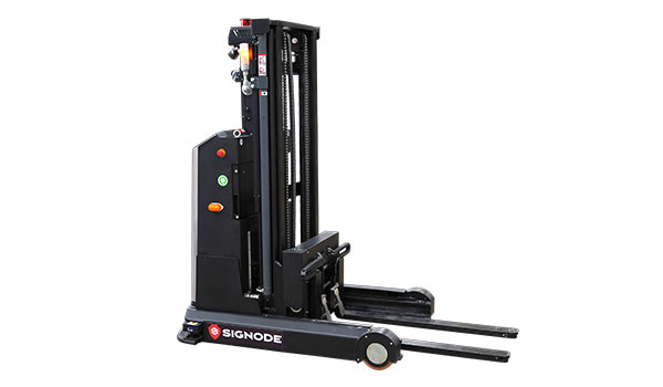 Signode electric stacker forklift with black frame and control panel featuring orange indicators