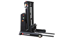 Signode electric stacker forklift with black frame and control panel featuring orange indicators