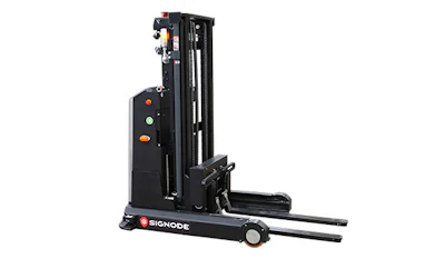 Signode electric stacker forklift with black frame and control panel featuring orange indicators