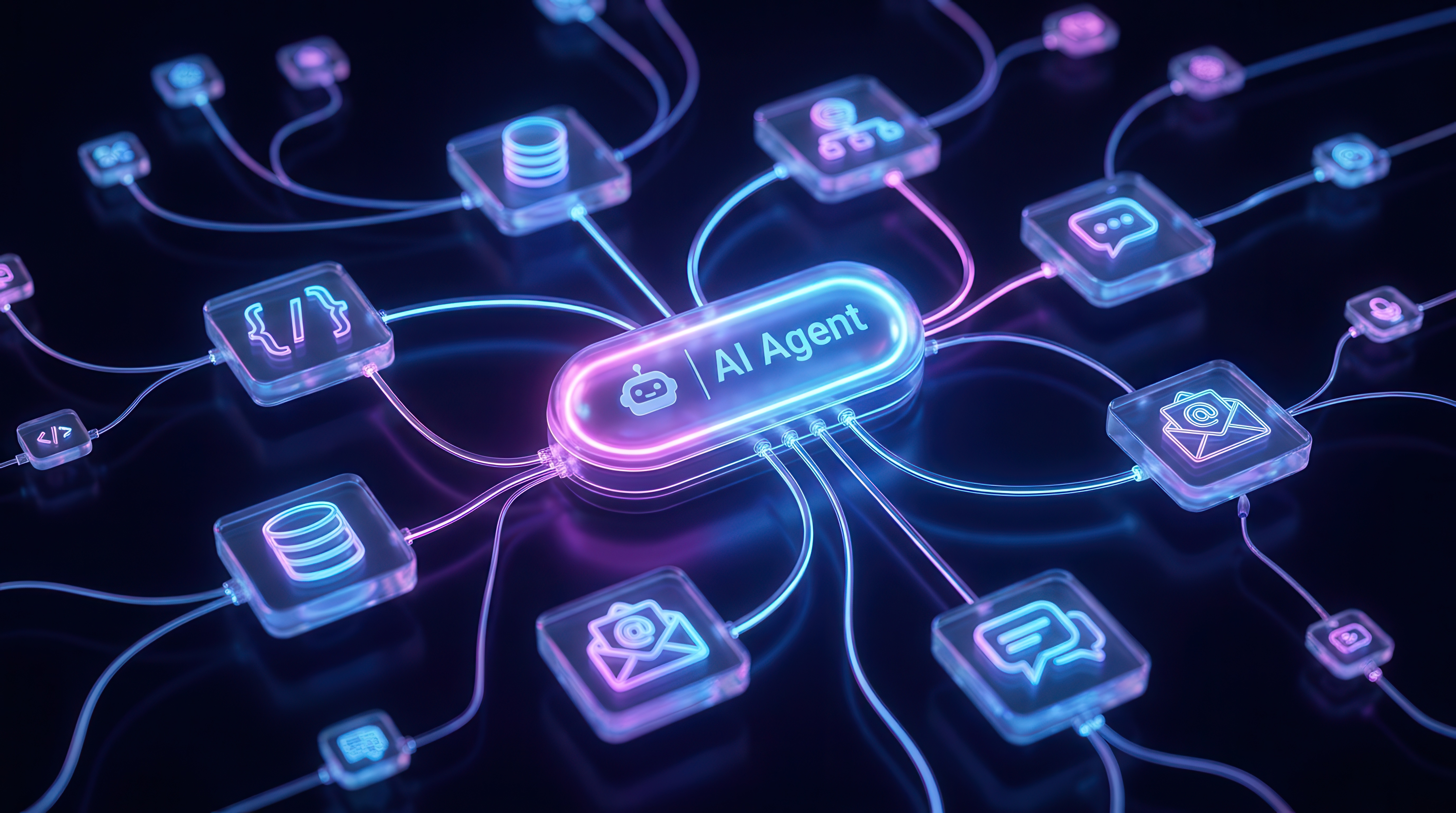 Neon-glowing AI Agent hub connected to multiple technology nodes in a digital network visualization