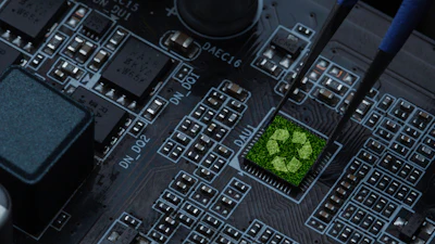 Green recycling symbol on computer circuit board with electronic components