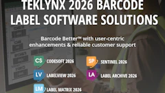 TEKLYNX 2026 barcode label software solutions featuring CODESOFT, SENTINEL, LABELVIEW, LABEL ARCHIVE, and LABEL MATRIX products with user working at computer