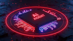 Neon-lit AI chip with circuit board patterns on dark technological background