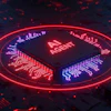 Neon-lit AI chip with circuit board patterns on dark technological background