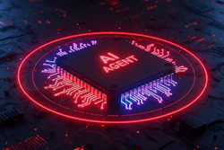 Neon-lit AI chip with circuit board patterns on dark technological background